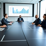 A diverse group of professional business people, fully clothed in modest business attire, collaborating around a large conference table in a modern, sunlit office. On interactive screens, abstract data visualizations showcase integrated Environmental, Social, and Governance (ESG) metrics and financial charts, symbolizing the harmonious balance of profit and purpose. The atmosphere is one of focused innovation and responsible decision-making. Professional photography, high resolution, soft natural lighting, clean corporate style. safe for work, appropriate content, fully clothed, professional, perfect anatomy, correct proportions, natural pose, well-formed hands, proper finger count, natural body proportions.