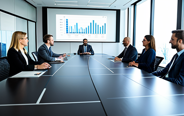 A diverse group of professional business people, fully clothed in modest business attire, collaborating around a large conference table in a modern, sunlit office. On interactive screens, abstract data visualizations showcase integrated Environmental, Social, and Governance (ESG) metrics and financial charts, symbolizing the harmonious balance of profit and purpose. The atmosphere is one of focused innovation and responsible decision-making. Professional photography, high resolution, soft natural lighting, clean corporate style. safe for work, appropriate content, fully clothed, professional, perfect anatomy, correct proportions, natural pose, well-formed hands, proper finger count, natural body proportions.